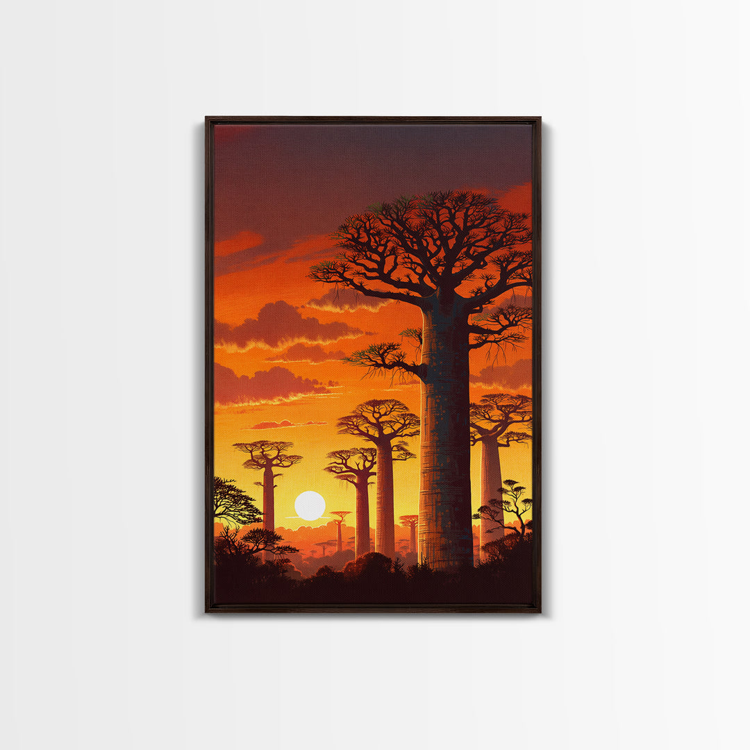 Fiery Baobab Forest Sunset Wall Art, African Safari Landscape, Orange Nature Decor, Madagascar Canvas Print, Gift For Him