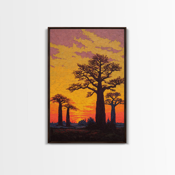 Textured Baobab Sunset Wall Art, African Landscape Painting, Orange Impasto Canvas Print, Safari Decor, Unique Home Gift