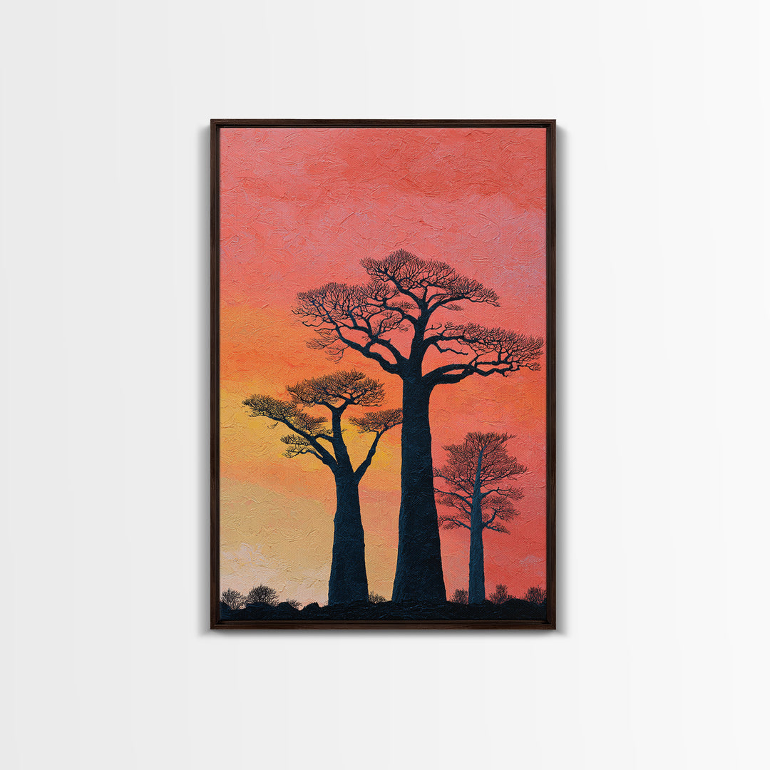 Coral Sunset Baobab Trees Wall Art, African Landscape Print, Textured Canvas Decor, Madagascar Safari Gift, Boho Room Art