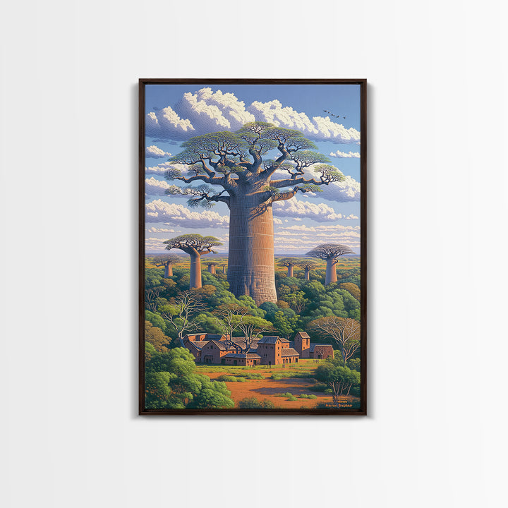 Village Beneath Giant Baobab Wall Art, African Landscape, Madagascar Print, African Home Decor, Large Living Room Art Gift