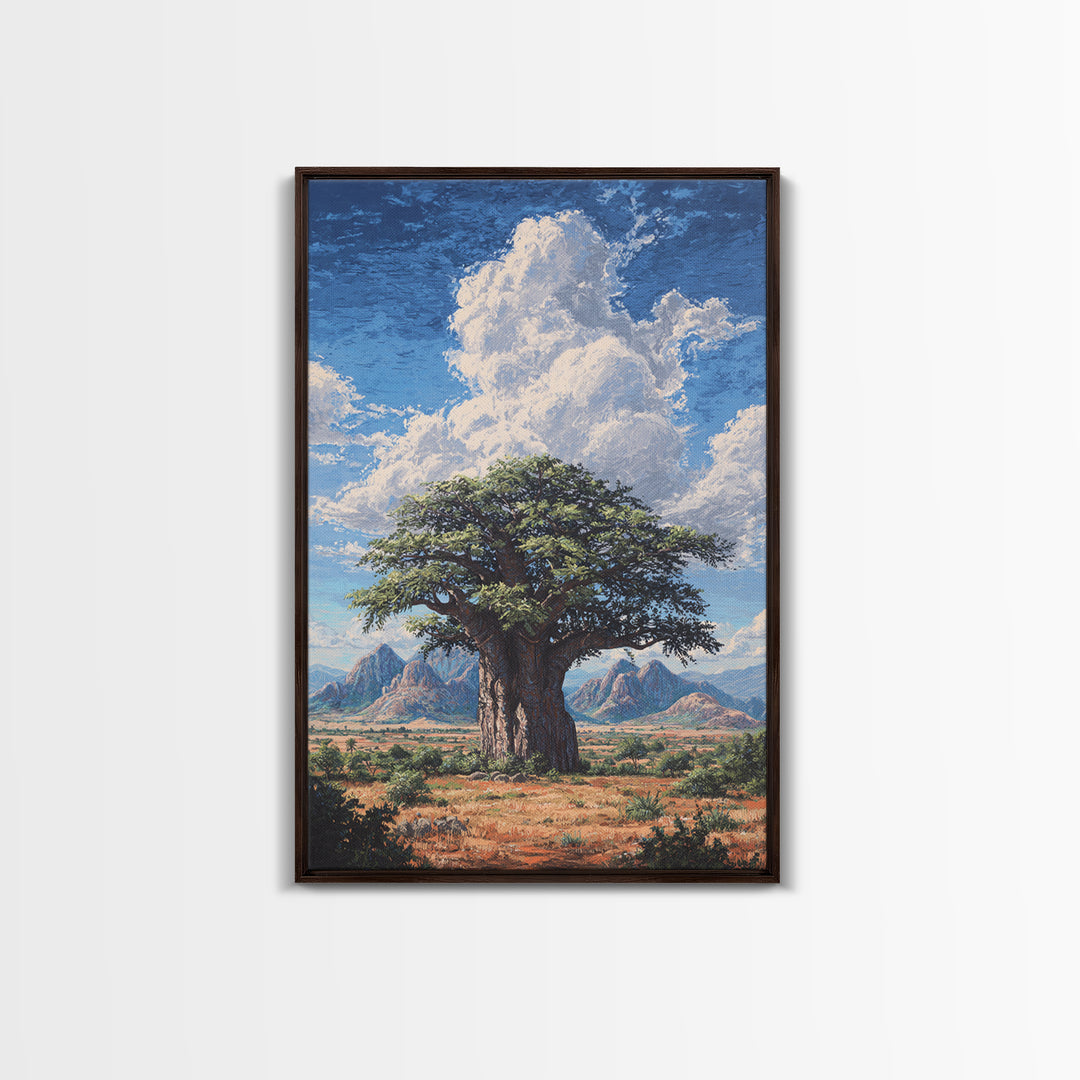 Ancient Baobab Under Towering Clouds Wall Art, African Safari Art, Desert Landscape Painting, Nature Scene Home Decor Gift