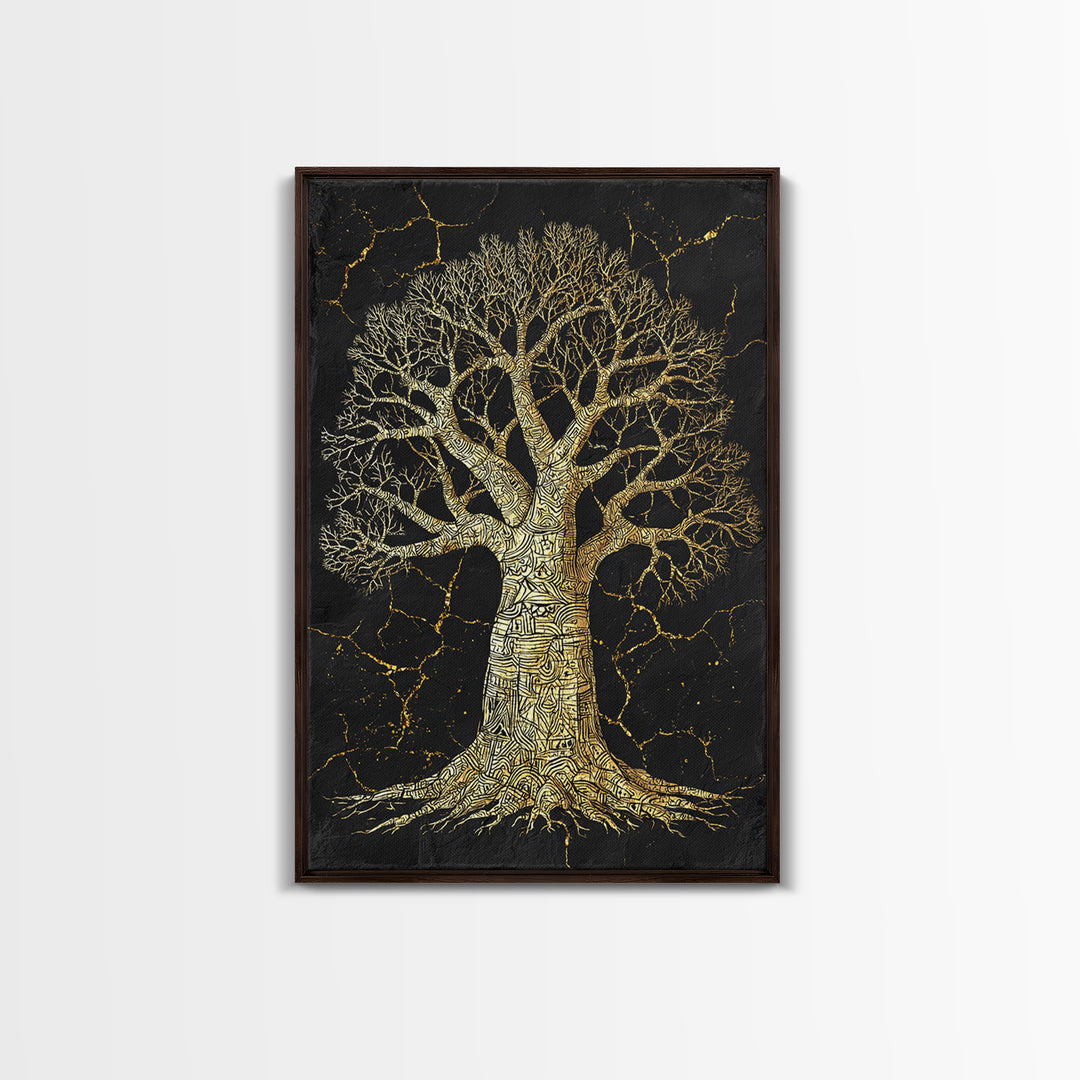 Golden Baobab Tree On Black Stone Wall Art, African Tree Print, Earth Tone Decor, Spiritual Nature Canvas For Living Room