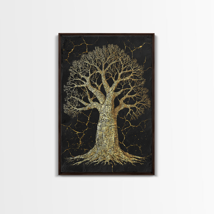 Golden Baobab Tree On Black Stone Wall Art, African Tree Print, Earth Tone Decor, Spiritual Nature Canvas For Living Room