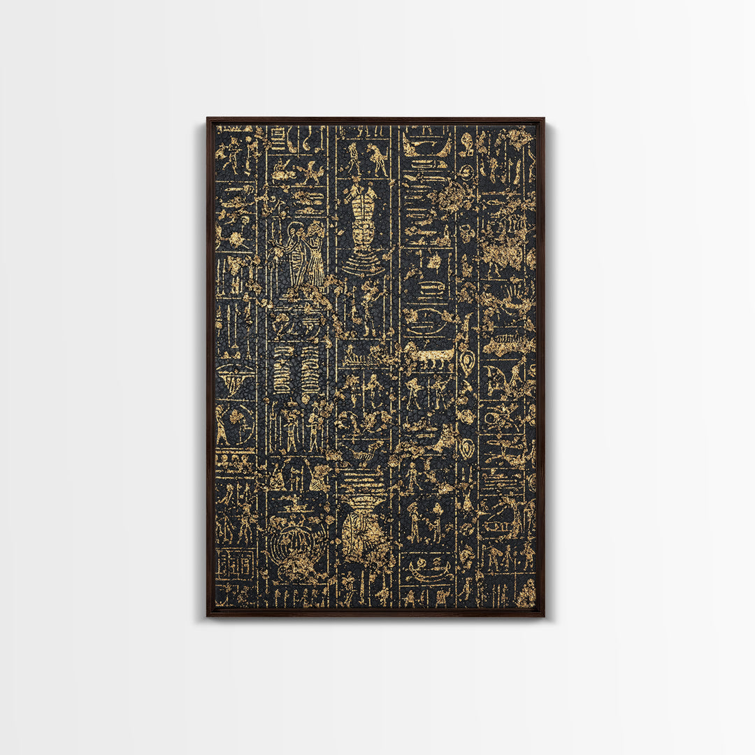 Gold Egyptian Hieroglyph Panels Wall Art, Ancient African Art Print, Black And Gold Canvas, Museum Style Home Decor Gift