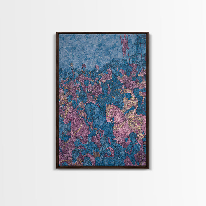 Purple Blue African Cavalry Battle Canvas Print, Warrior Procession Art, Historic Tribal Scene, Bold Statement Wall Decor