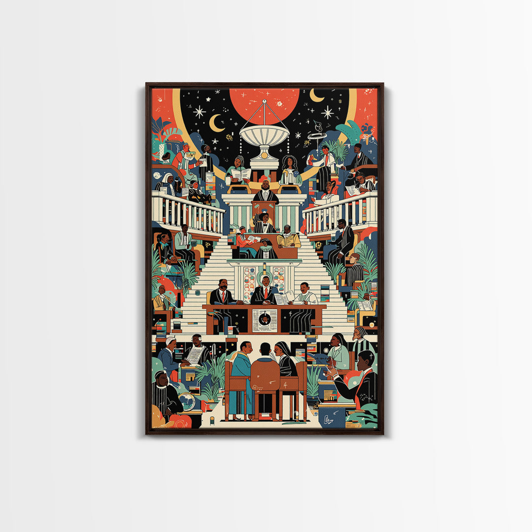 Afrofuturist Civic Assembly Wall Art, Black Culture Illustration, Modern African Decor, Colorful Statement Canvas Print Gift