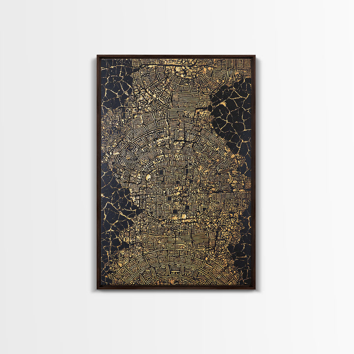 Gold Abstract African City Map Canvas Print, Geometric Tribal Pattern, Black And Gold Wall Art, Modern Office Decor Gift