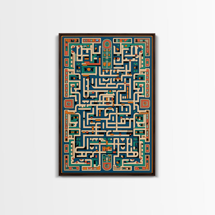 Teal Orange Geometric Maze Glyph Wall Art, African Abstract Pattern, Tribal Art Print, Afrocentric Decor For Living Room