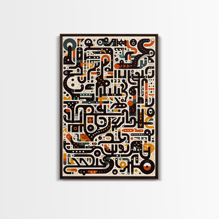 Ivory Black Orange Labyrinth Glyph Wall Art, Modern African Art Abstract, Boho Tribal Decor, Geometric Canvas Print For Home Decor