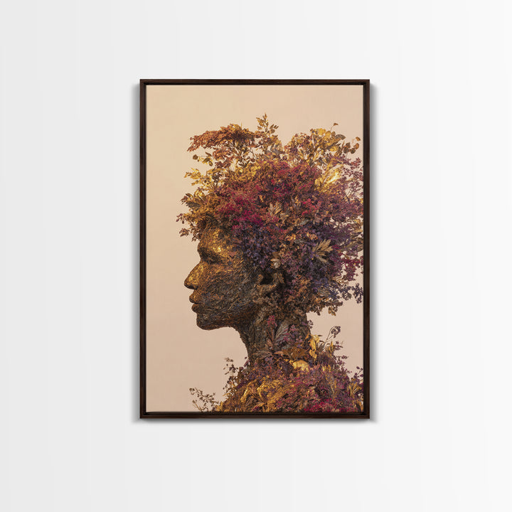 Botanical African Woman Portrait Wall Art, Afrocentric Floral Black Beauty Art, Earth Tone Living Room Decor, Housewarming Gift