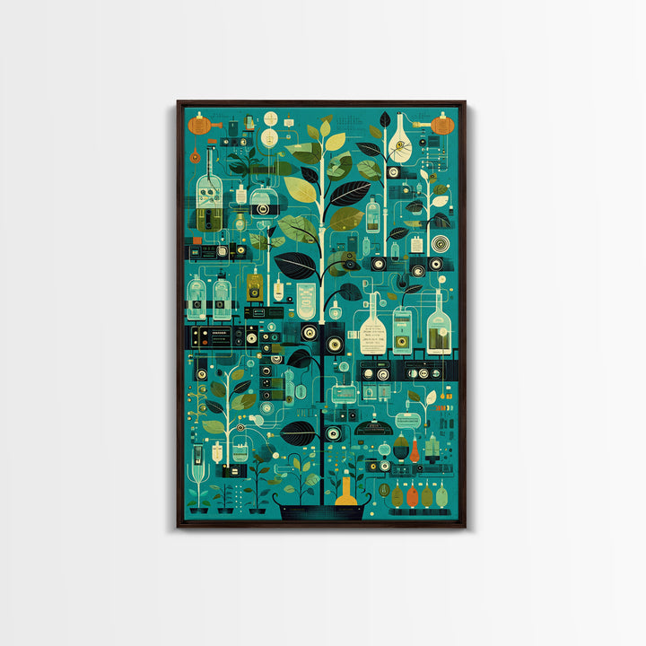 Botanical Science Laboratory Wall Art, Teal Green Plant Illustration, Modern Digital Art For Office Decor And Unique Gift