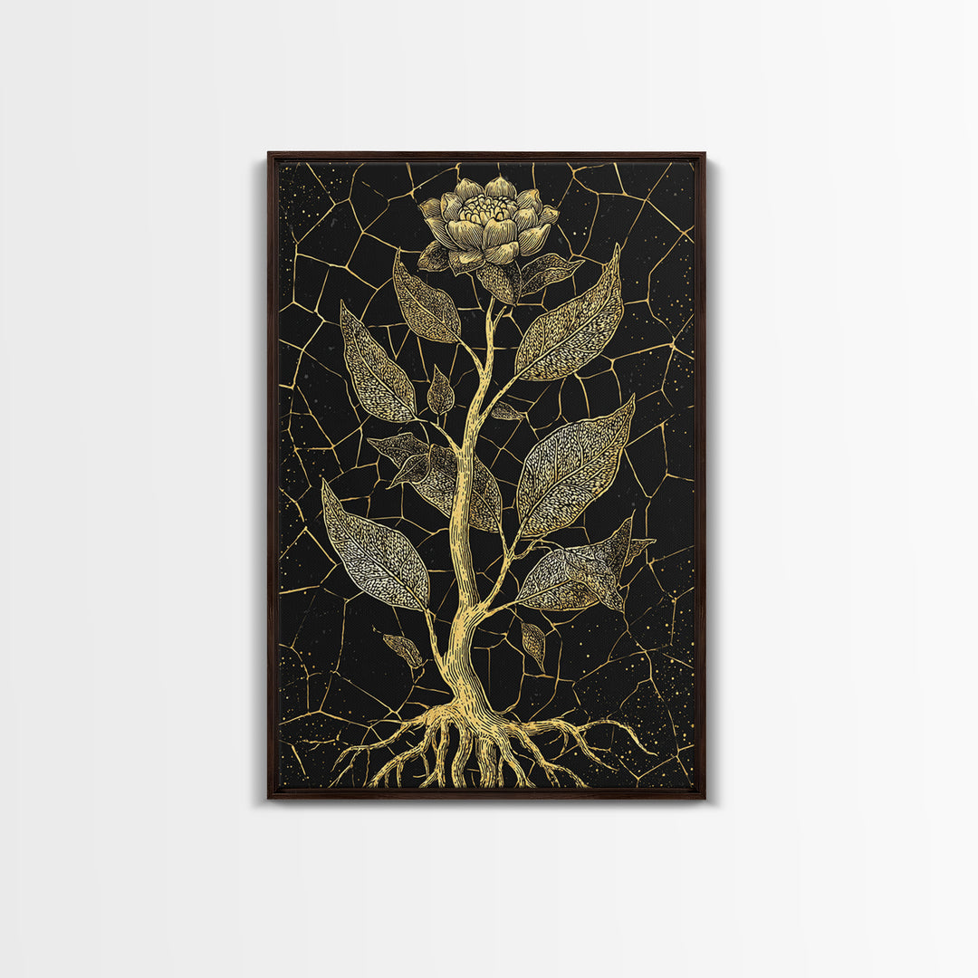 Gold Botanical Rose Canvas Print, Black And Gold Floral Line Art, Elegant Minimalist Wall Decor For Bedroom Home Decor Gift