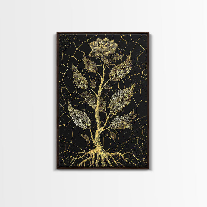 Gold Botanical Rose Canvas Print, Black And Gold Floral Line Art, Elegant Minimalist Wall Decor For Bedroom Home Decor Gift