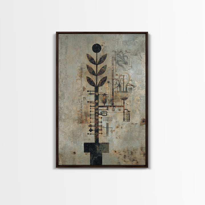 Rustic Industrial Botanical Wall Art, Abstract Plant Machinery Painting, Earth Tone Textured Art Print For Modern Office Decor
