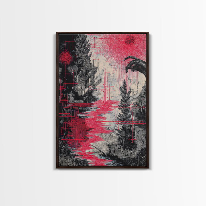 Surreal Red And Black Landscape Canvas Print, Mystical Abstract Art, Gothic Nature Scene Art For Bold Modern Wall Decor Gift