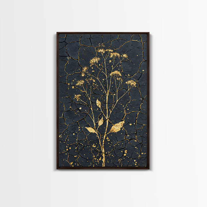 Gold Wildflower On Cracked Black Wall Art, Elegant Botanical Art Print, Black And Gold Design For Bedroom Home Decor Gift
