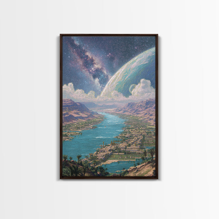 Cosmic River Valley Planet Canvas Print, Dreamy Sci Fi Landscape Art, Large Wall Art For Living Room Statement Decor And Gift