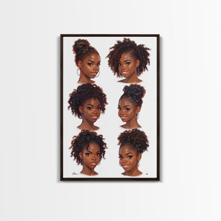 Six Black Women Hairstyle Portraits Wall Art, Afrocentric Beauty Print, Black Girl Magic Decor, Melanin Gift For Her, Home Decor