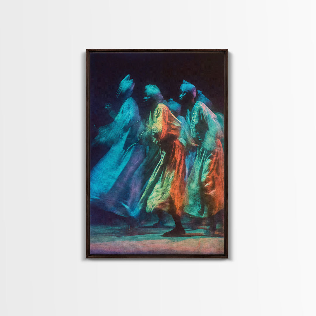Blue And Orange African Robed Dancers Canvas Print, Spiritual Motion Art, Cultural Wall Decor, Vibrant Afrocentric Gift Idea