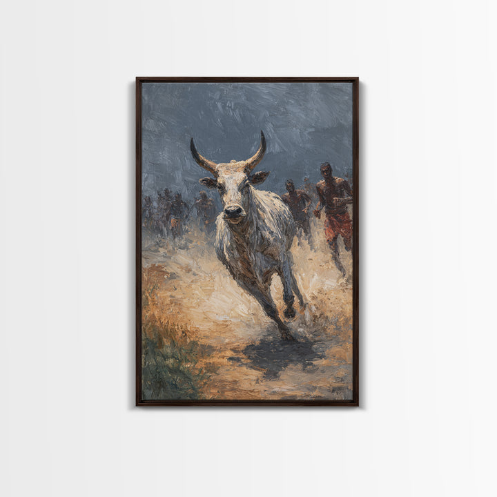 Charging White Bull And Dusty Runners Framed Canvas Print, African Warrior Art, Safari Cattle Race, Rustic Home Decor, Statement Wall Decor