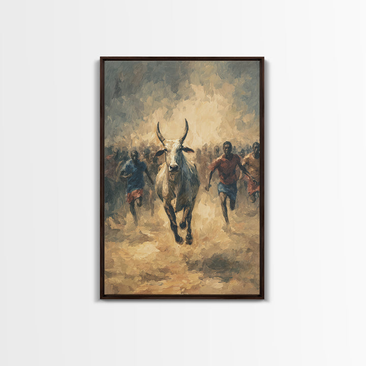White Bull Racing Through Dust With Runners Framed Canvas Print, African Safari Art, Tribal Warrior Decor, Living Room Wall Art