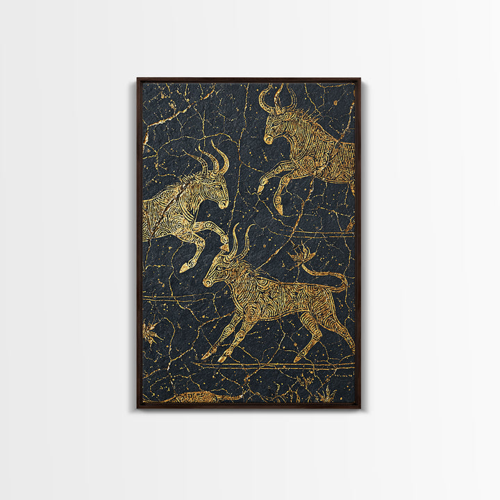 Gold Antelope Herd On Cracked Black Stone Canvas Print, African Animal Art, Tribal Line Drawing, Luxury Safari Wall Decor