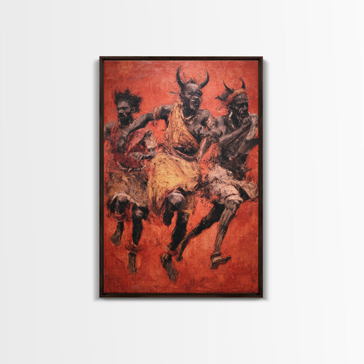 Red Ochre Tribal Dancers With Horned Masks Canvas Print, African Warrior Art, Cultural Wall Decor, Expressive Home Decor