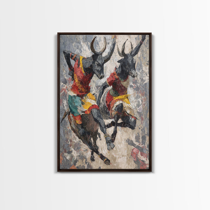 Colorful African Bull Riders Wall Art, Abstract African Art Print, Tribal Safari Decor, Cultural Living Room Canvas Gift