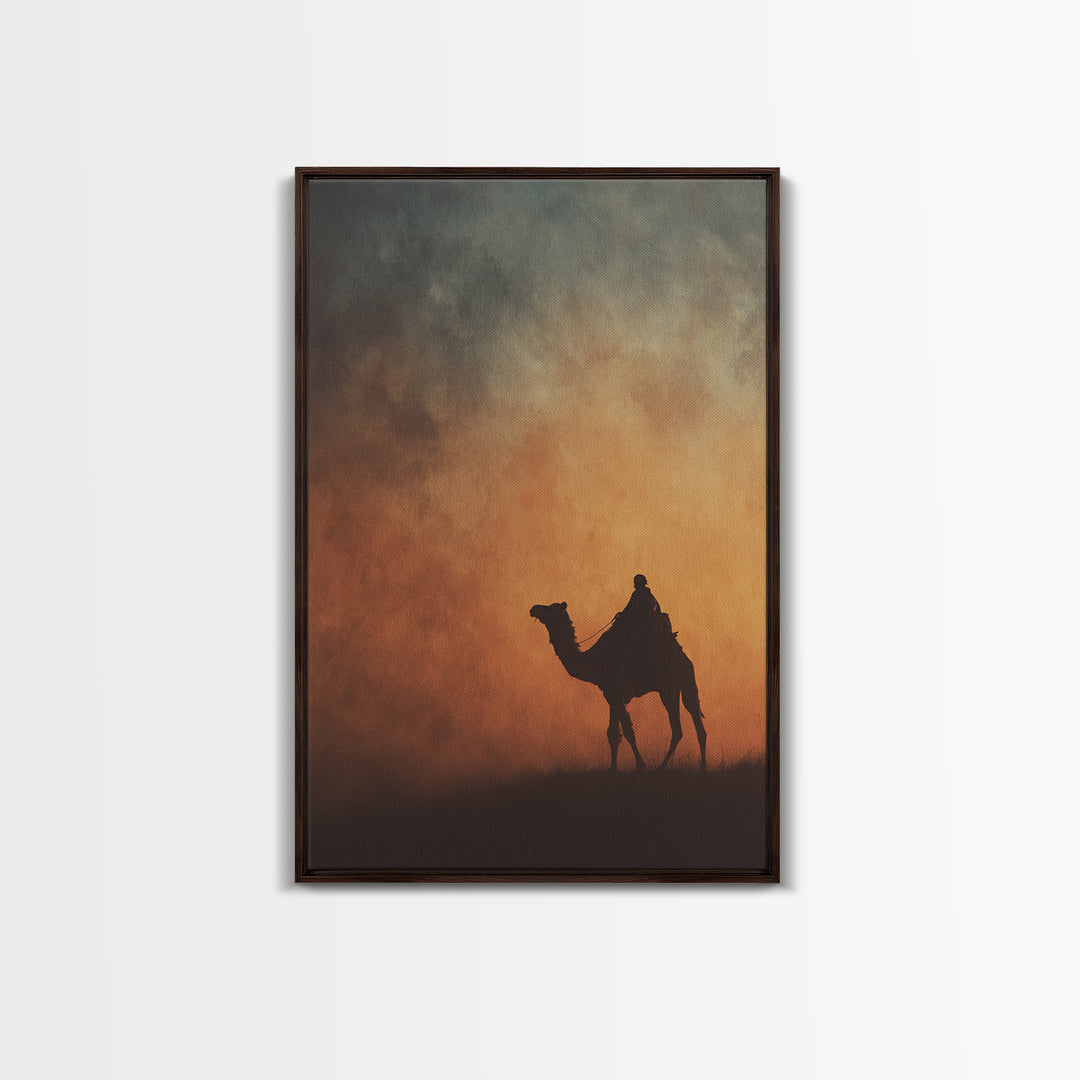 Solitary Camel Rider Wall Art, African Desert Sunset, Boho Safari Art Print, Earth Tone Bedroom Decor, Housewarming Gift