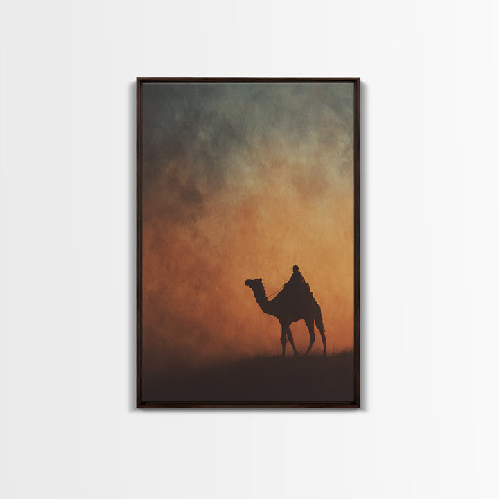 Solitary Camel Rider Wall Art, African Desert Sunset, Boho Safari Art Print, Earth Tone Bedroom Decor, Housewarming Gift