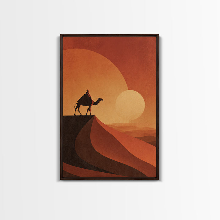 Minimalist Camel Rider Canvas Print, Orange Desert Sun Wall Art, African Travel Poster, Boho Home Decor, Unique Gift Idea
