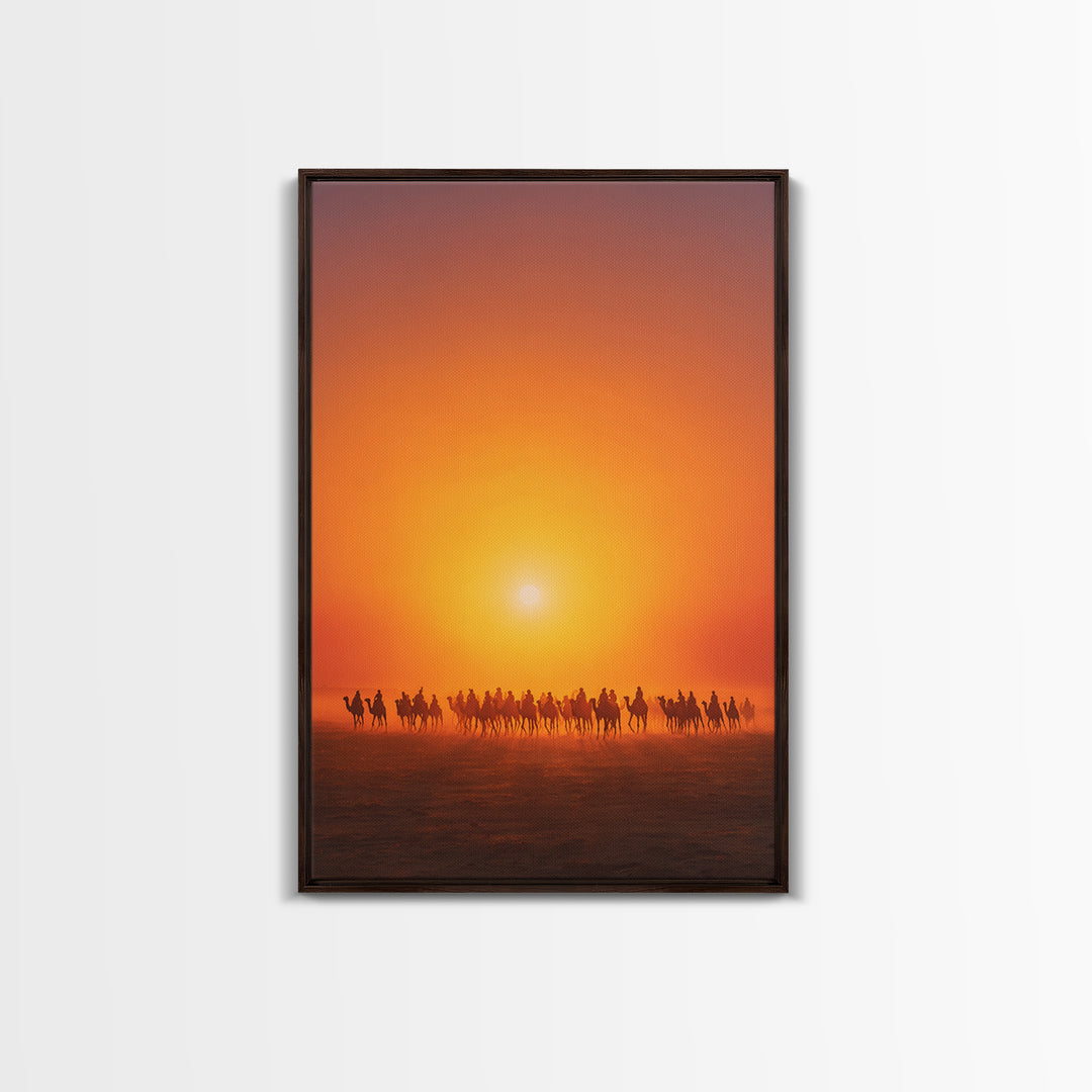 Sunset Camel Caravan Wall Art, African Safari Art, Orange Desert Landscape Poster, Statement Living Room Decor Gift For Him