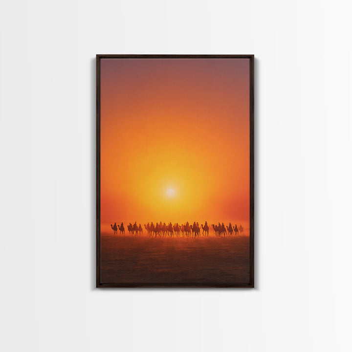 Sunset Camel Caravan Wall Art, African Safari Art, Orange Desert Landscape Poster, Statement Living Room Decor Gift For Him