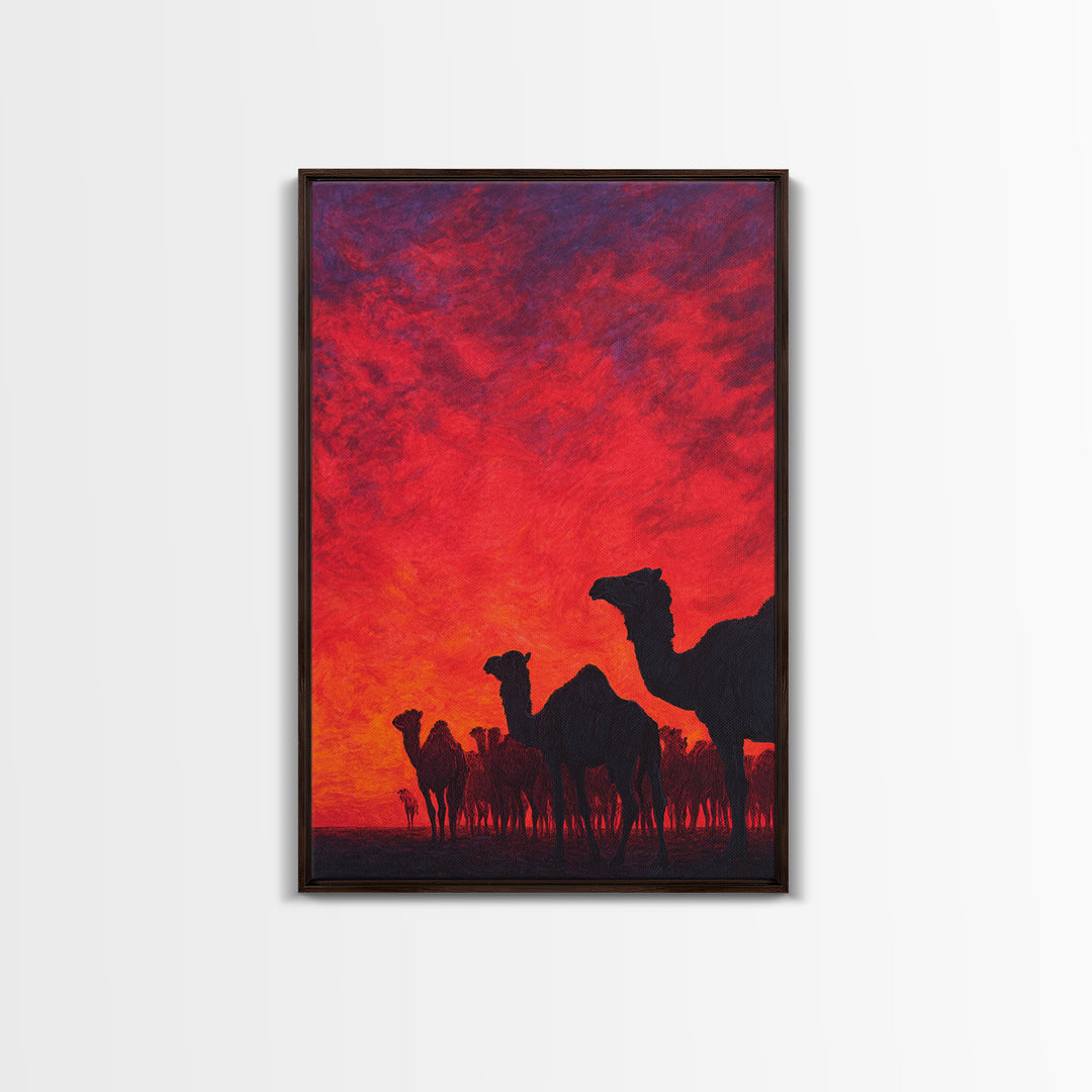 Fiery Red Camel Herd Wall Art, African Safari Art Print, Desert Sunset Poster, Bold Orange Home Decor, Statement Gift Set