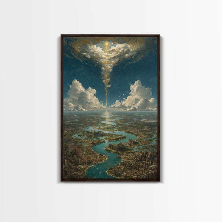 Celestial River City Under Radiant Clouds Wall Art, Dreamy Landscape Canvas Print, Spiritual Sky Decor, Large Home Art Gift