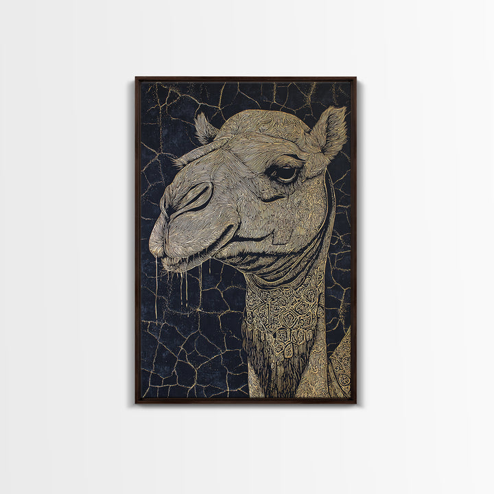 Intricate Gold Camel Portrait Canvas Print, African Safari Wall Art, Black And Gold Animal Art, Boho Desert Home Decor Gift