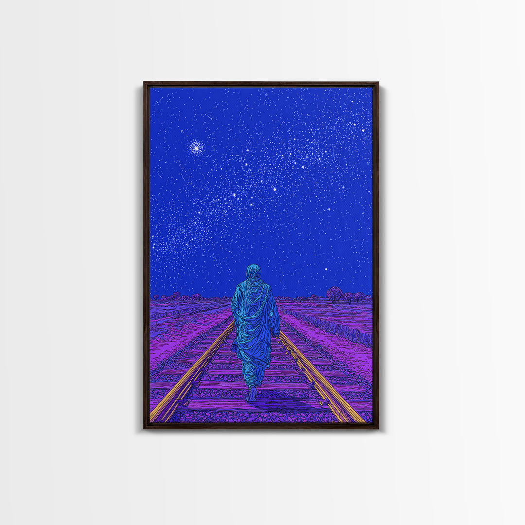 Lone Traveler On Neon Railroad Under Starry Sky Wall Art, Afrofuturism Canvas Print, Mystical Journey Decor, Blue Poster