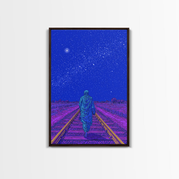 Lone Traveler On Neon Railroad Under Starry Sky Wall Art, Afrofuturism Canvas Print, Mystical Journey Decor, Blue Poster