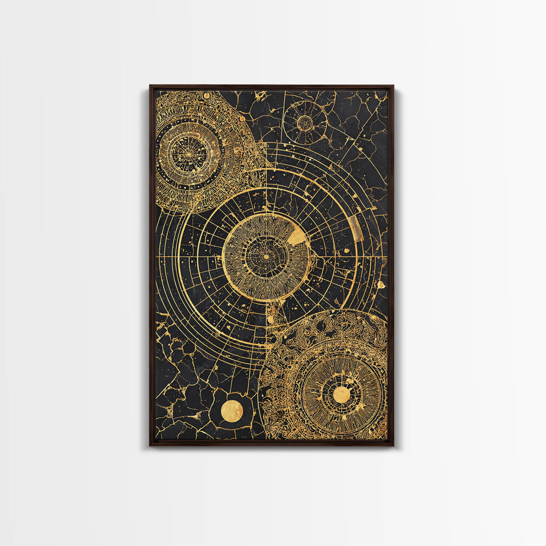 Gold Astronomical Circles On Black Stone Wall Art, Celestial Abstract Canvas Print, Luxury Geometric Decor, Modern Office Art