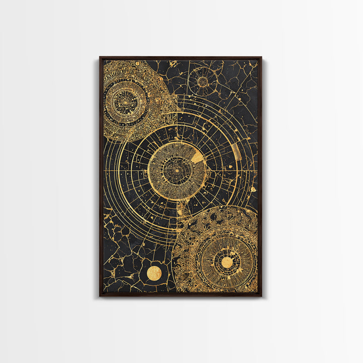 Gold Astronomical Circles On Black Stone Wall Art, Celestial Abstract Canvas Print, Luxury Geometric Decor, Modern Office Art