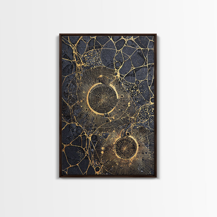 Black Gold Cellular Circles Abstract Wall Art, Textured Celestial Canvas Print, Luxury Modern Decor, Statement Office Art