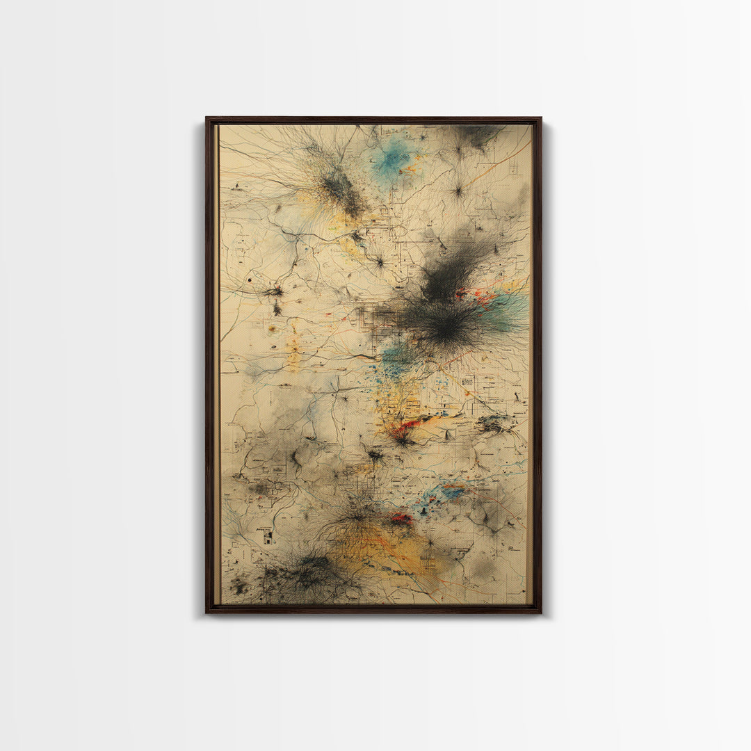 Smoky Beige Network Map Canvas Print, Abstract African Art Decor, Modern Office Wall Decor, Teal Black Gold Line Artwork