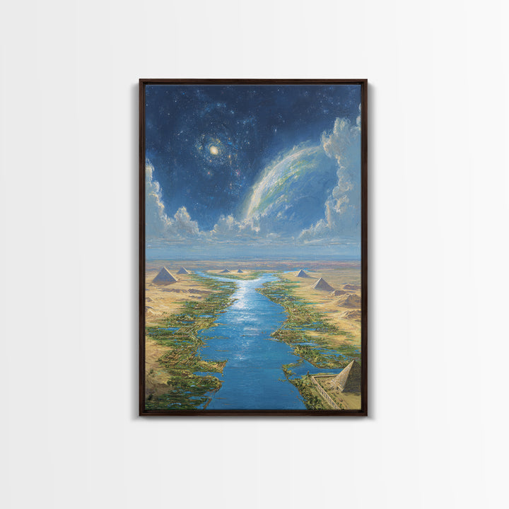 Cosmic Nile Pyramids Landscape Framed Canvas Print, African Egyptian Art, Desert River Wall Decor, Mystical Ancient Artwork