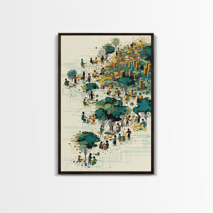 Vibrant African City Community Wall Art, Afrocentric Urban Landscape, Black Culture Art, Modern Teal Gold Decor Canvas Print