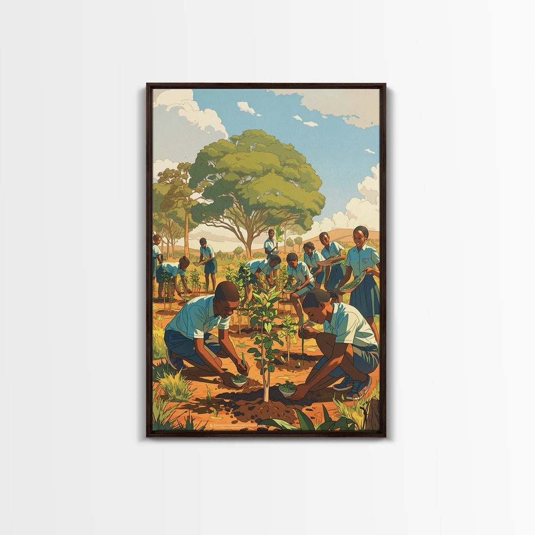 African School Garden Tree Planting Framed Canvas Print, Black Children Art, Community Nature Scene, Cultural Wall Decor