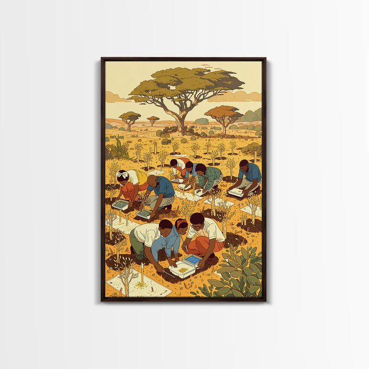 Children Planting Saplings In Golden Savanna Canvas Print, African Safari Art, Classroom Decor, Cultural Artwork Gift For Kids