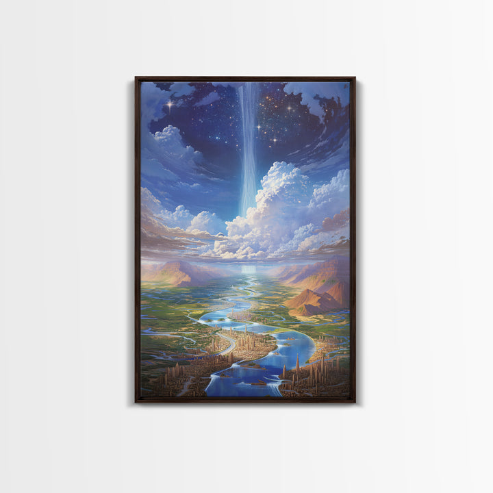 Celestial River City With Starry Waterfall Canvas Print, Dreamy Wall Art, Blue Home Decor Gift, Large Decor Art, Statement Wall Art