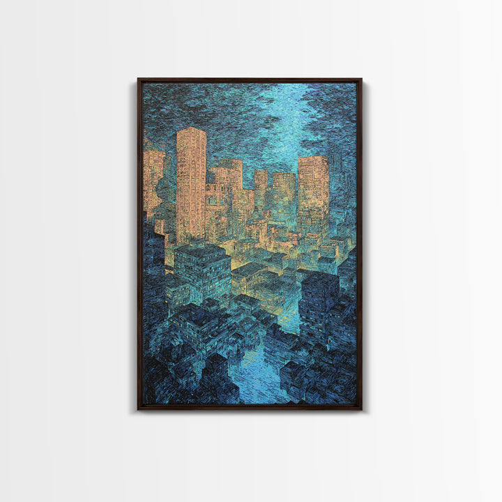 Textured Blue Gold City Skyline Wall Art, Modern Urban Office Decor, Contemporary Canvas, Luxury Canvas Art Print, Large Wall Art Prints