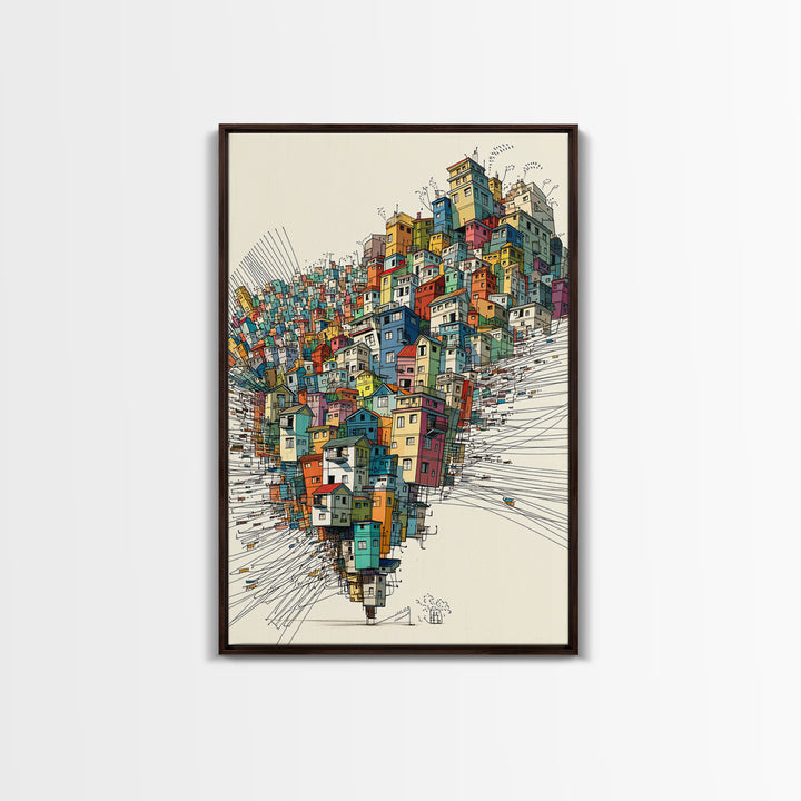 Stacked Colorful Hillside Houses Framed Canvas Print, Urban Wall Art, Geometric Design, Bold Home Decor Gift, Statement Wall Art