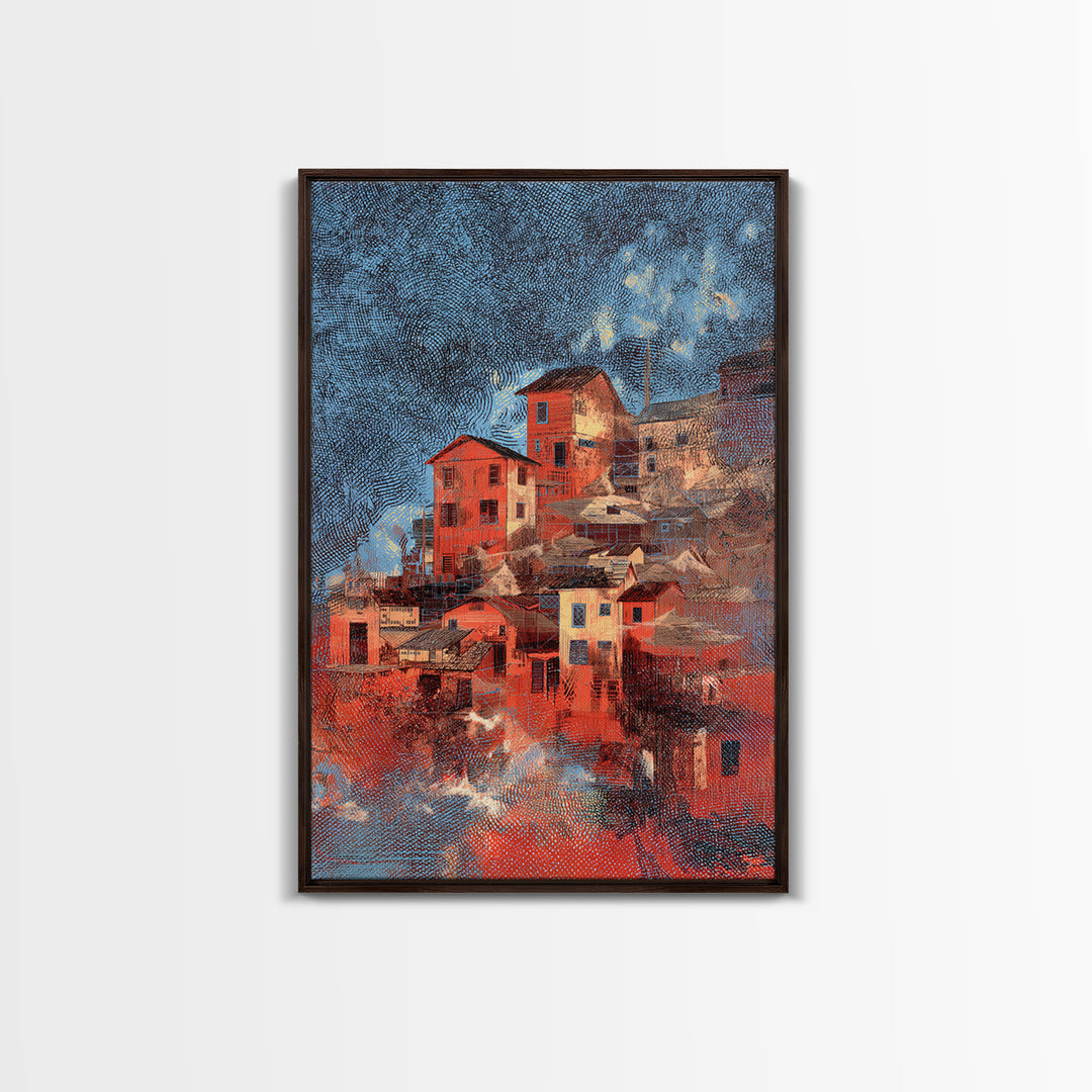 Red Hillside Village At Starry Night Canvas Print, Cozy Winter Wall Art, Rustic Decor, Unique Home Decor Gift, Orange Blue Painting